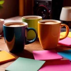 Drei große Kaffeetassen auf einem Tisch umgeben von kleinen, bunten Notizblöcken